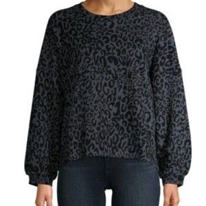 Leopard Print Sweater Balloon Sleeve Blue Plus Size